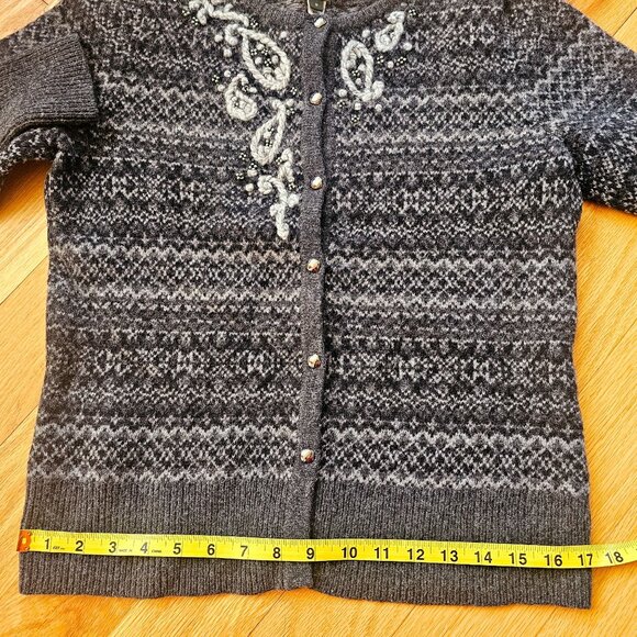 Eddie Bauer Womens Grey Fair Isle Lambs Wool Cashmere Cardigan Sweater Beaded M - Picture 12 of 12